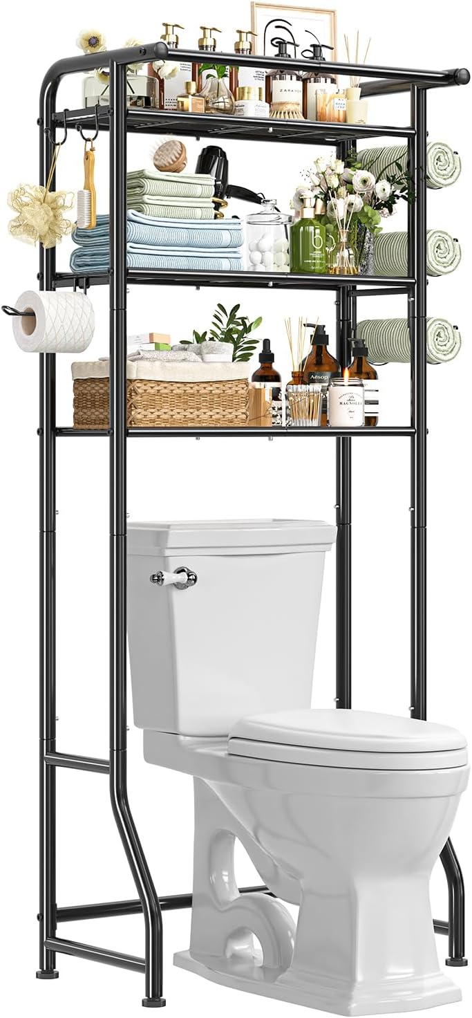 3-Tier Over Toilet Storage Shelf, Metal Bathroom Organizer with Hooks & Paper Holder - Image 8