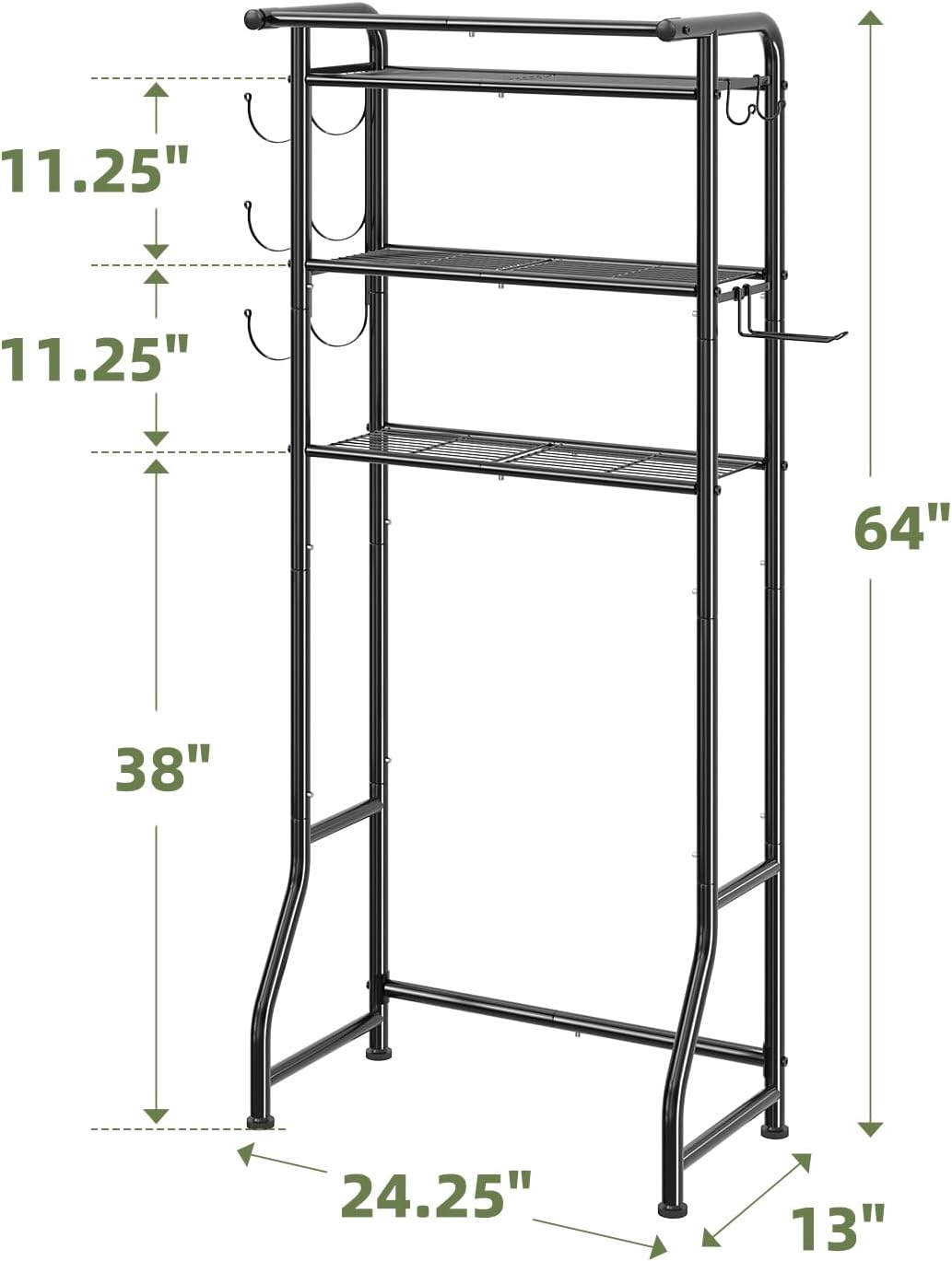 3-Tier Over Toilet Storage Shelf, Metal Bathroom Organizer with Hooks & Paper Holder - Image 7