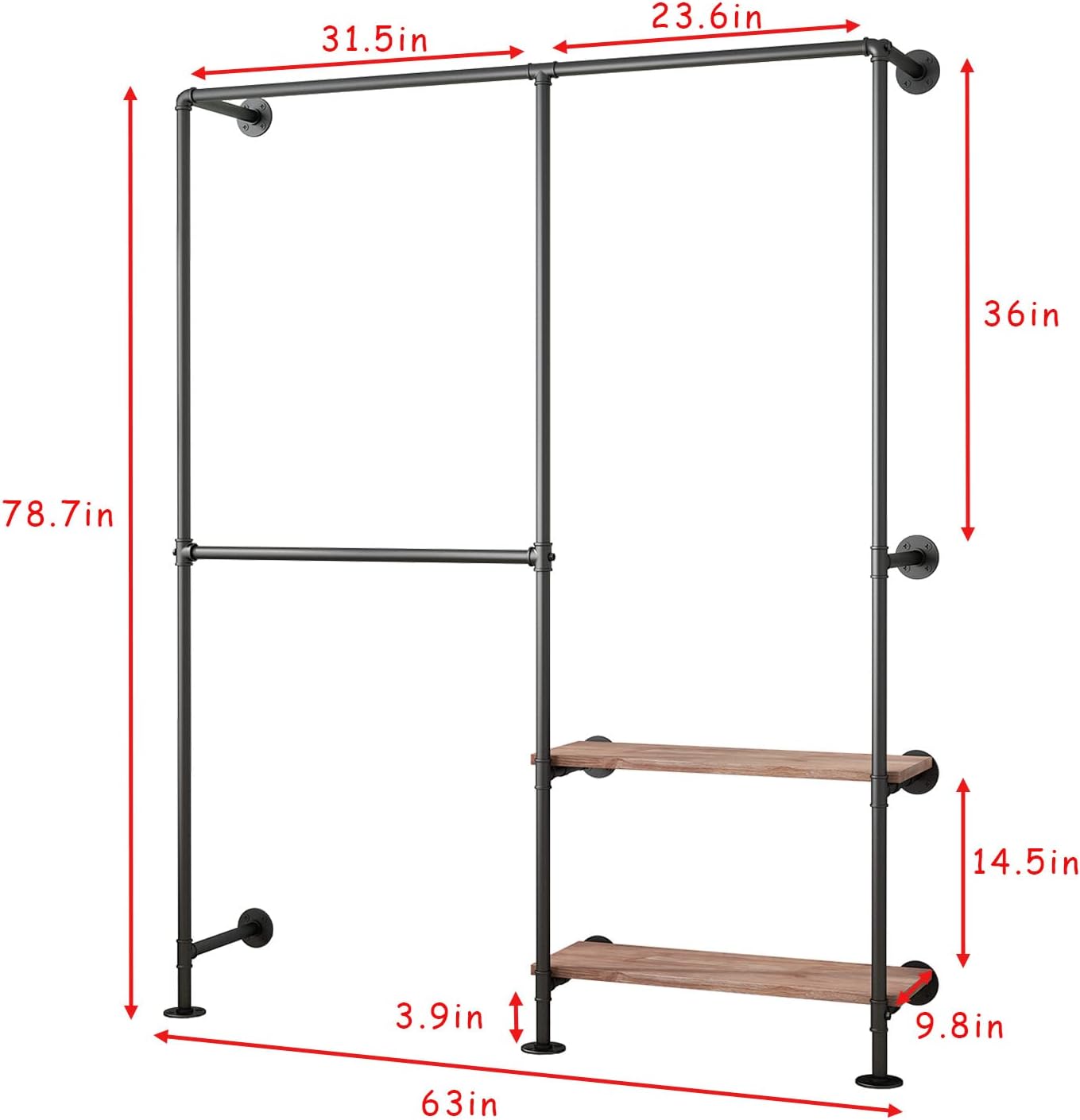 Industrial Pipe Wall Mounted Clothes Rack, Double Hanging Rod with Shelf for Closet & Bedroom Storage - Image 4