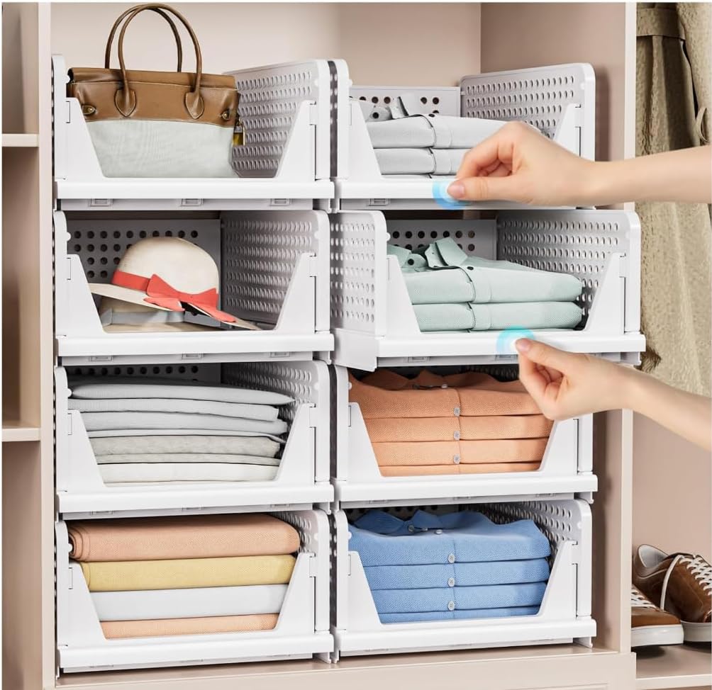 4 Pack Foldable Stackable Storage Baskets, Space-Saving Wardrobe Organizer for Clothes & Hats - Image 5
