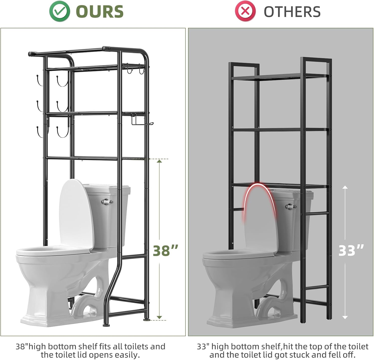 3-Tier Over Toilet Storage Shelf, Metal Bathroom Organizer with Hooks & Paper Holder - Image 2
