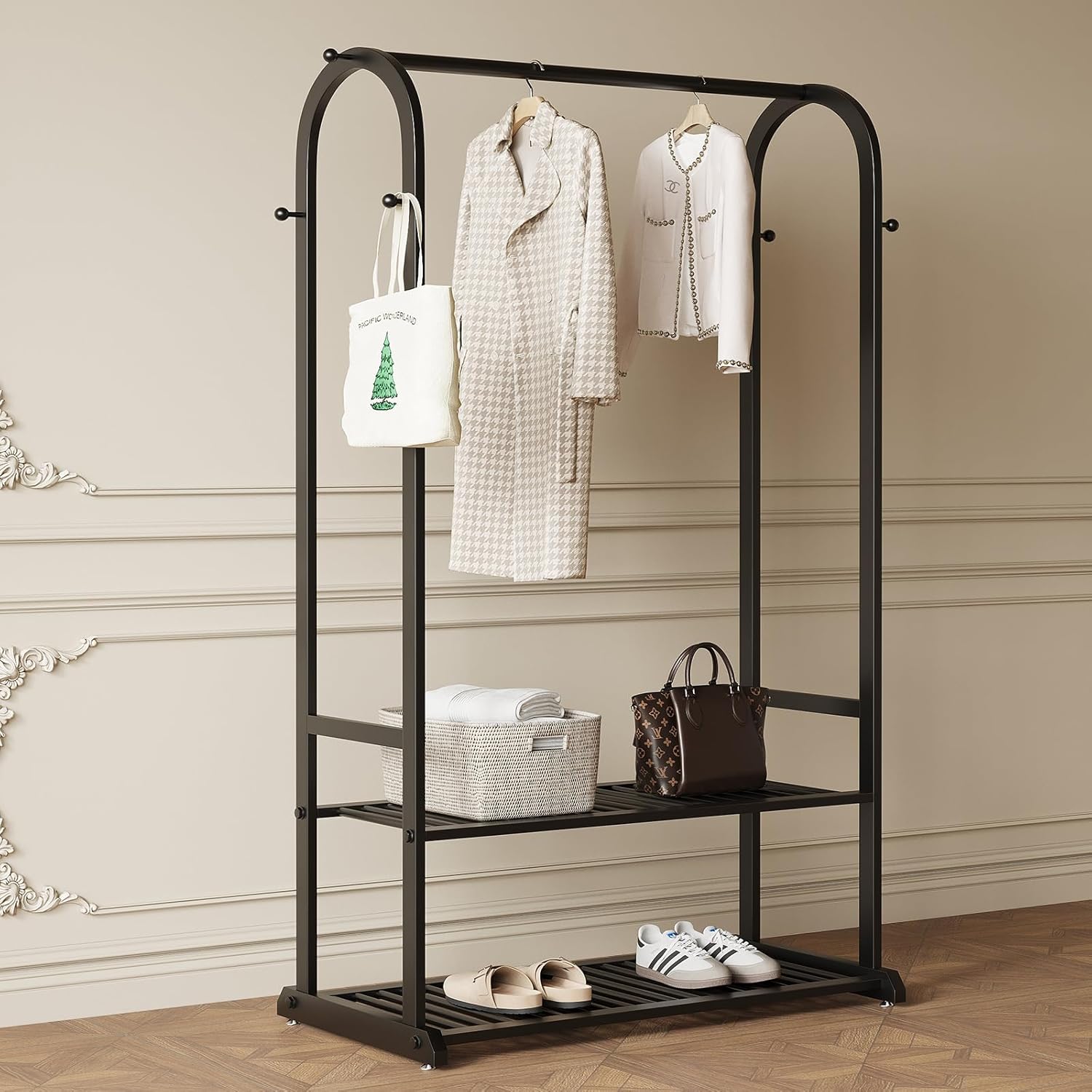 Black Metal Garment Rack with Bottom Shelf & 6 Hooks, Freestanding Clothing Rack for Bedroom/Closet - Image 3