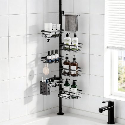 Adjustable Tension Shower Caddy, 6-Tier Rustproof Corner Shelf with Towel Bar & Soap Dish