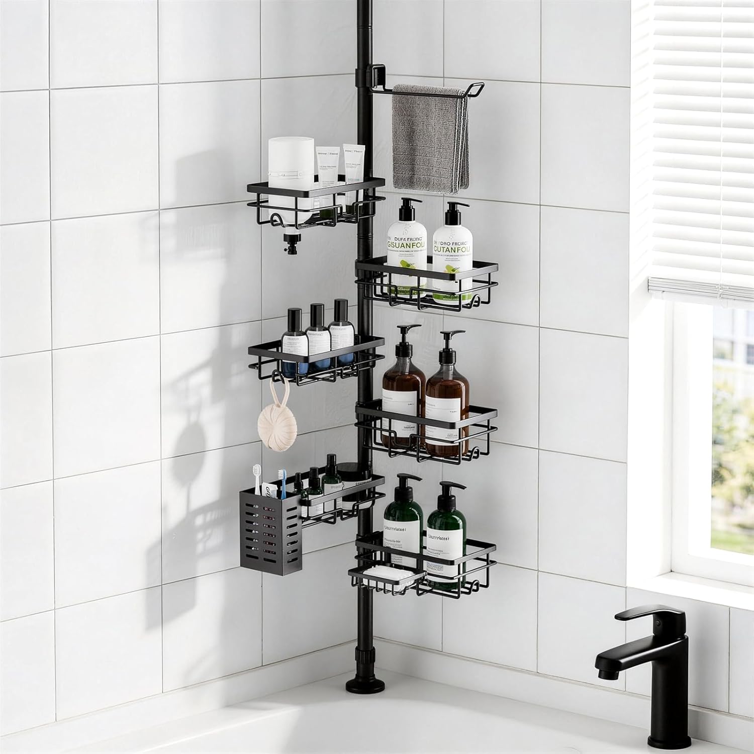 Adjustable Tension Shower Caddy, 6-Tier Rustproof Corner Shelf with Towel Bar & Soap Dish