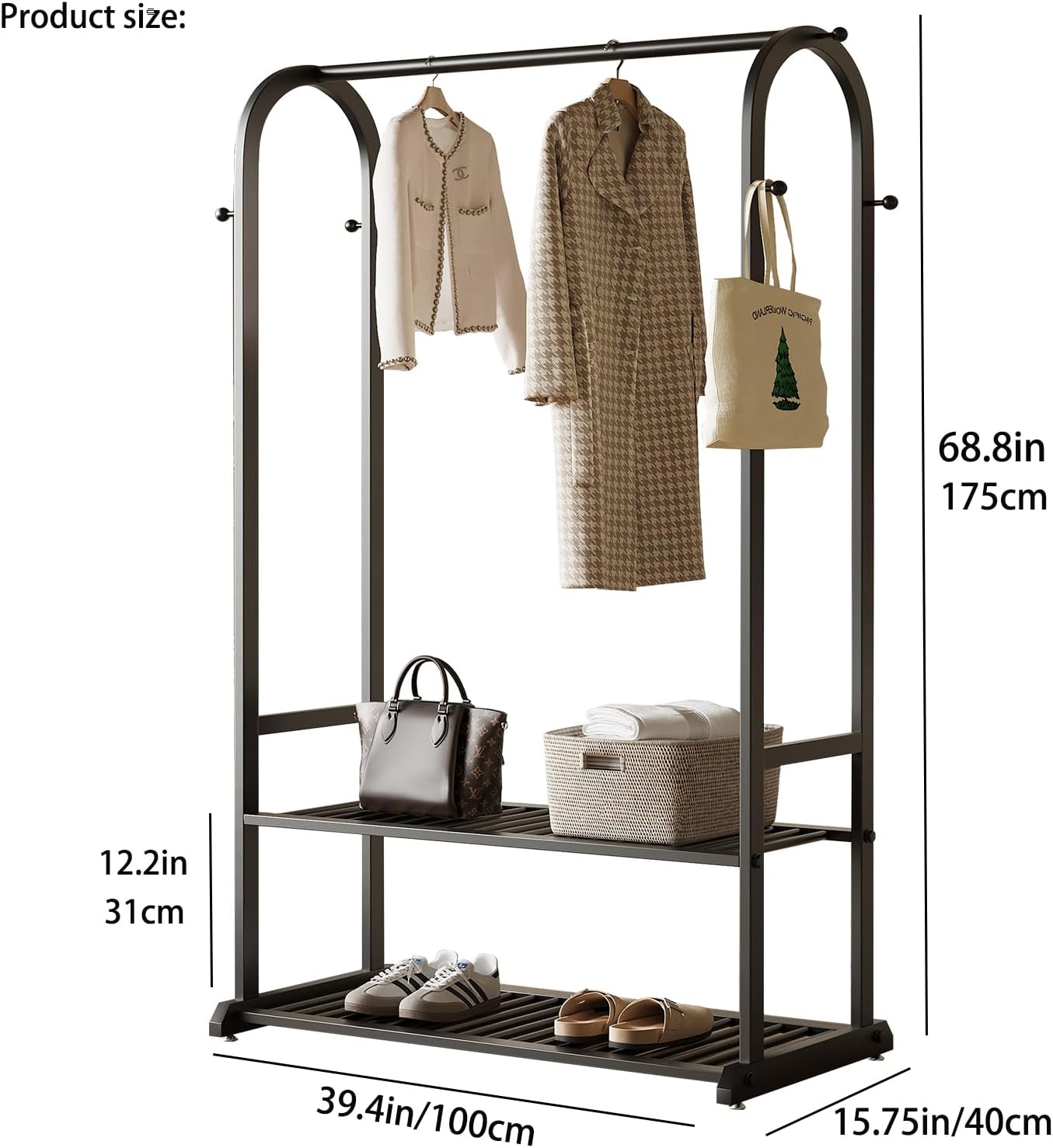Black Metal Garment Rack with Bottom Shelf & 6 Hooks, Freestanding Clothing Rack for Bedroom/Closet - Image 2
