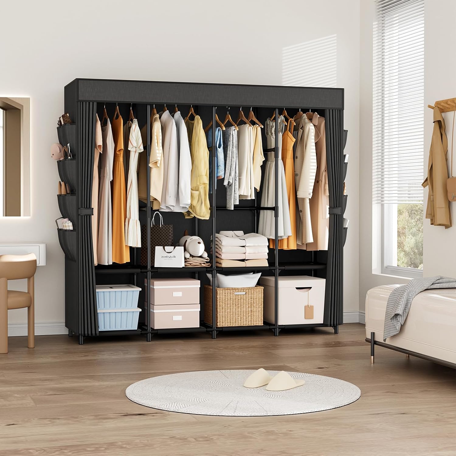67 Inch Portable Wardrobe with Cover, 4 Hanging Rods & Side Pockets, Freestanding Storage Closet for Bedroom - Image 7
