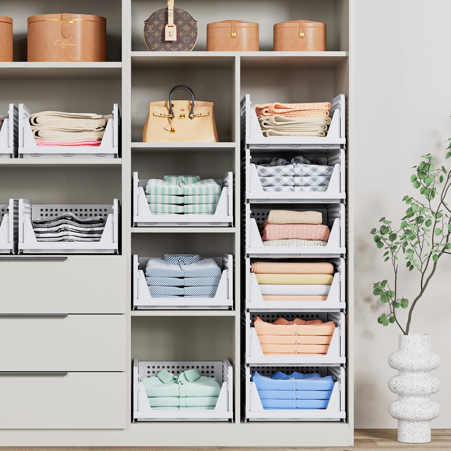 4 Pack Foldable Stackable Storage Baskets, Space-Saving Wardrobe Organizer for Clothes & Hats - Image 2