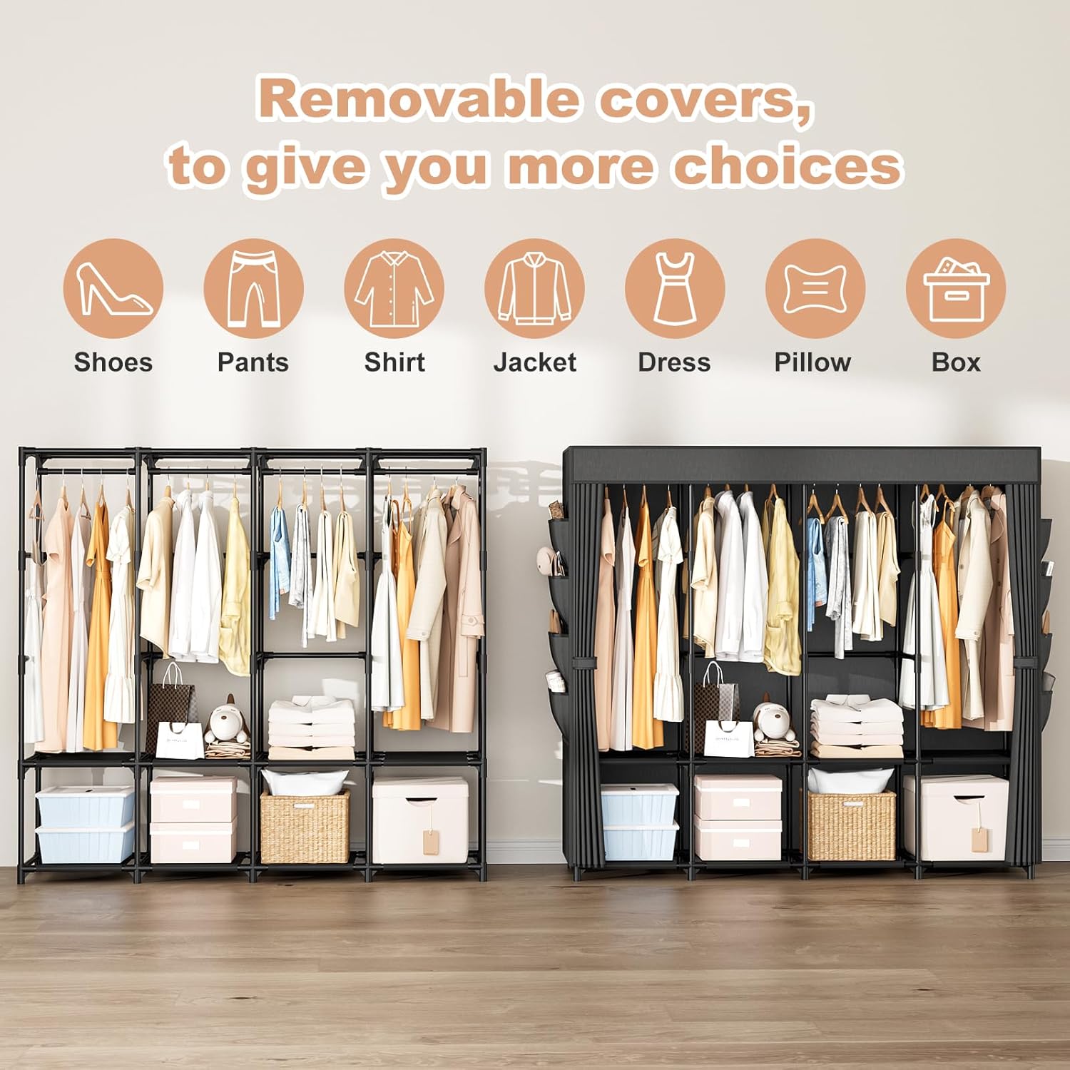 67 Inch Portable Wardrobe with Cover, 4 Hanging Rods & Side Pockets, Freestanding Storage Closet for Bedroom - Image 4