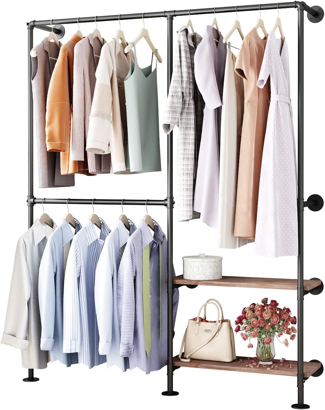 Industrial Pipe Wall Mounted Clothes Rack, Double Hanging Rod with Shelf for Closet & Bedroom Storage - Image 7