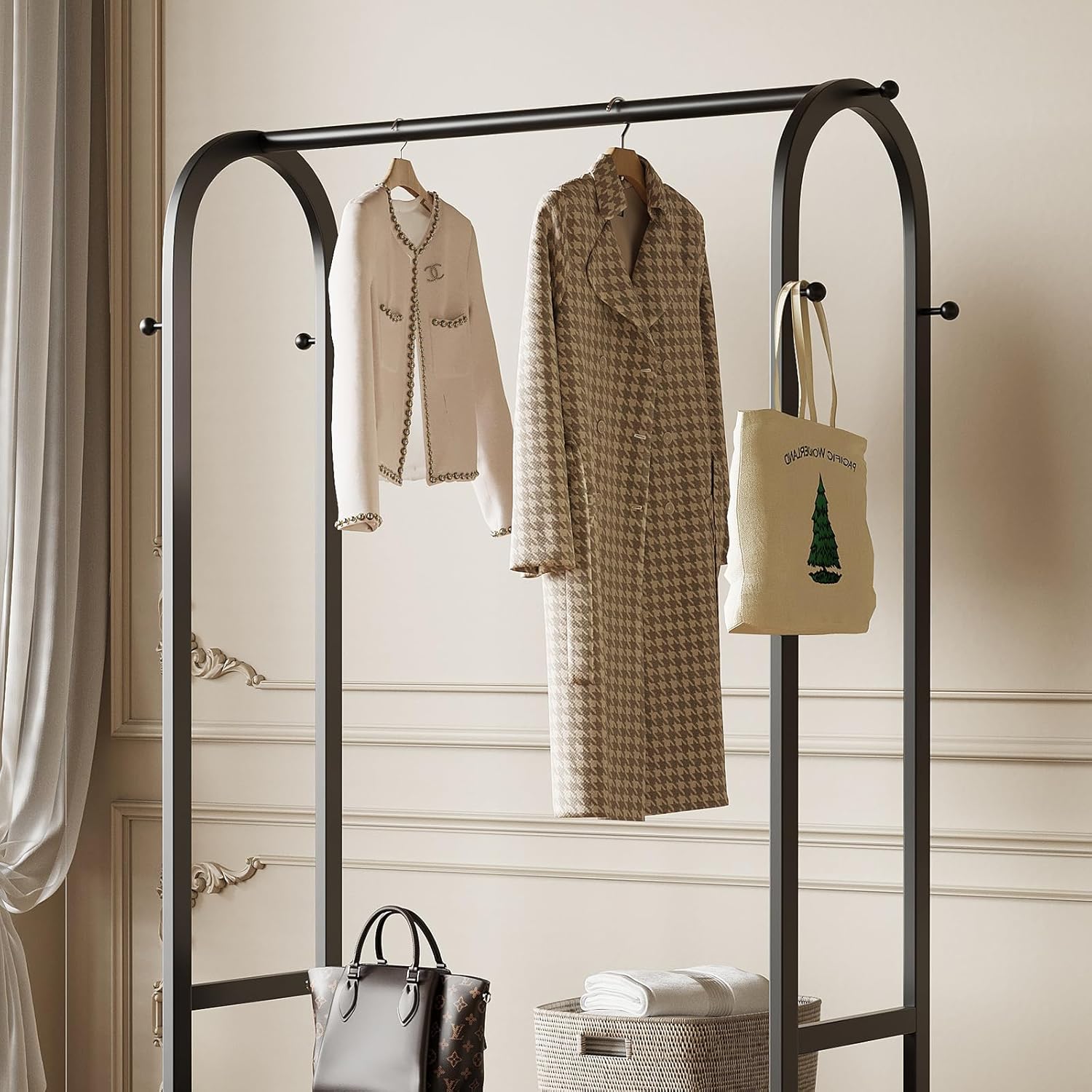 Black Metal Garment Rack with Bottom Shelf & 6 Hooks, Freestanding Clothing Rack for Bedroom/Closet - Image 6