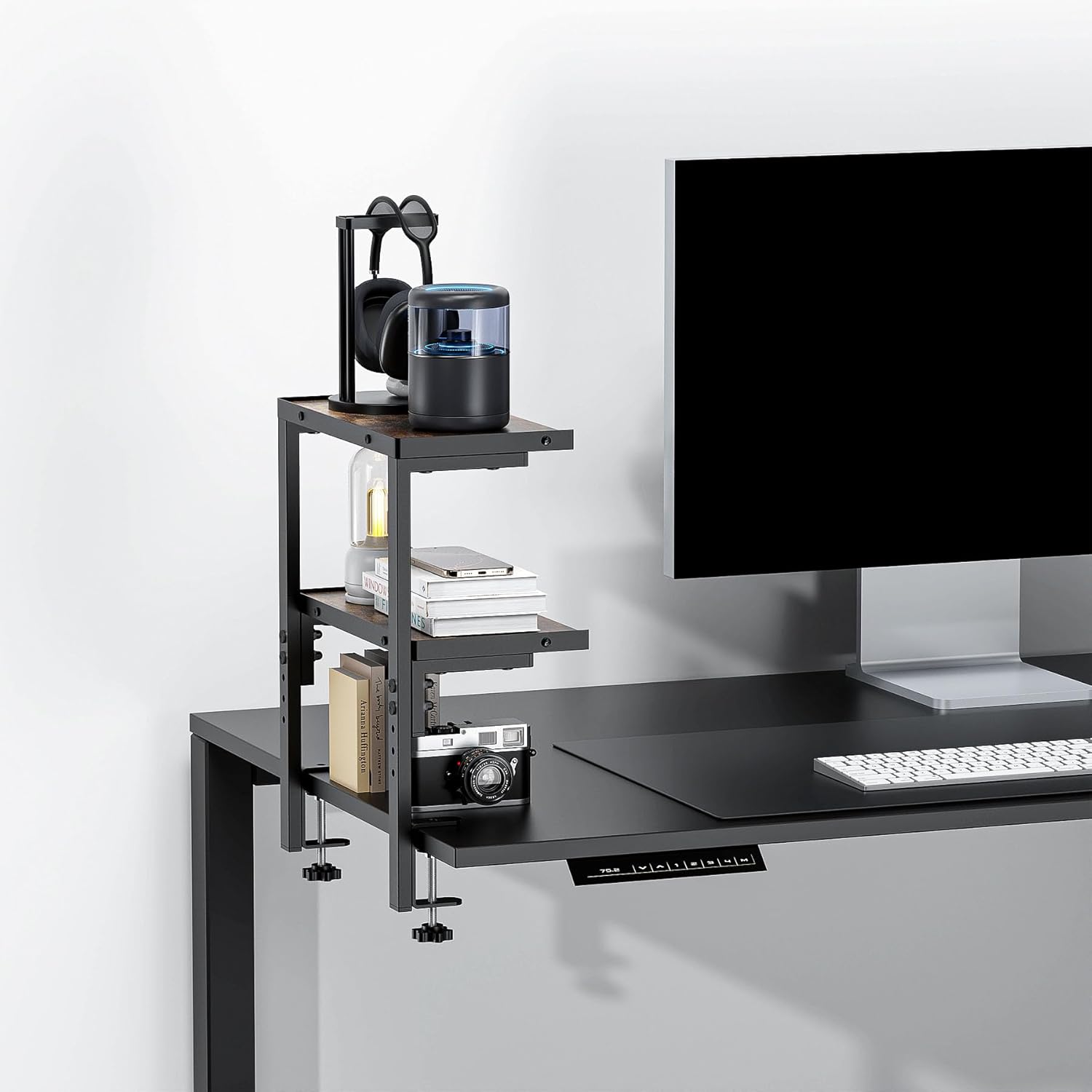 2-Tier Expandable Clamp-on Desk Shelf, Wooden Under Desk Storage Organizer - Image 4