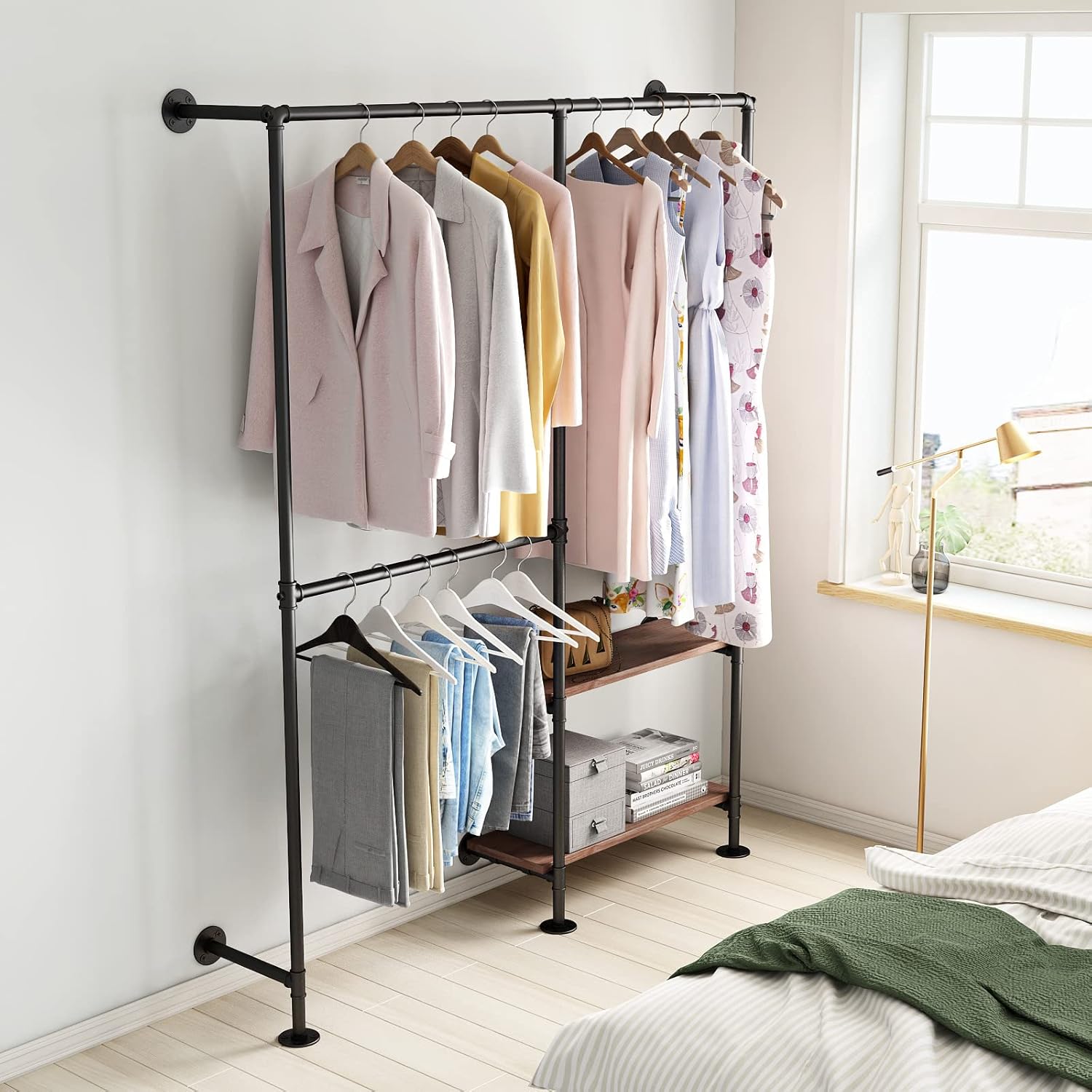 Industrial Pipe Wall Mounted Clothes Rack, Double Hanging Rod with Shelf for Closet & Bedroom Storage - Image 3