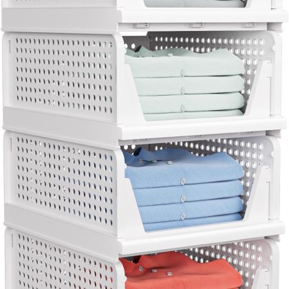4 Pack Foldable Stackable Storage Baskets, Space-Saving Wardrobe Organizer for Clothes & Hats