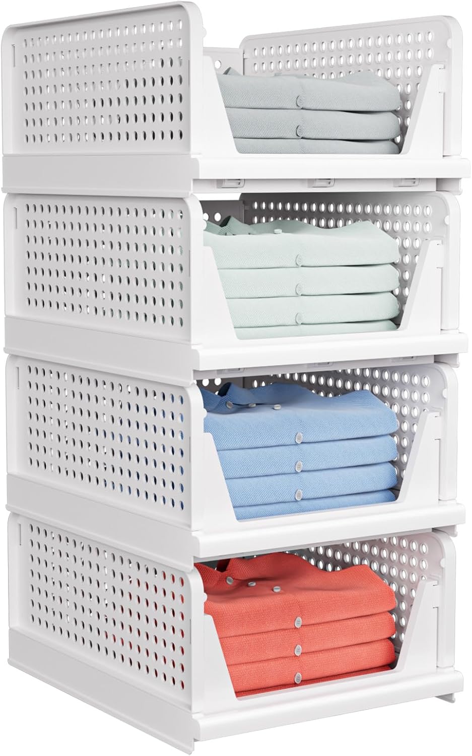 4 Pack Foldable Stackable Storage Baskets, Space-Saving Wardrobe Organizer for Clothes & Hats
