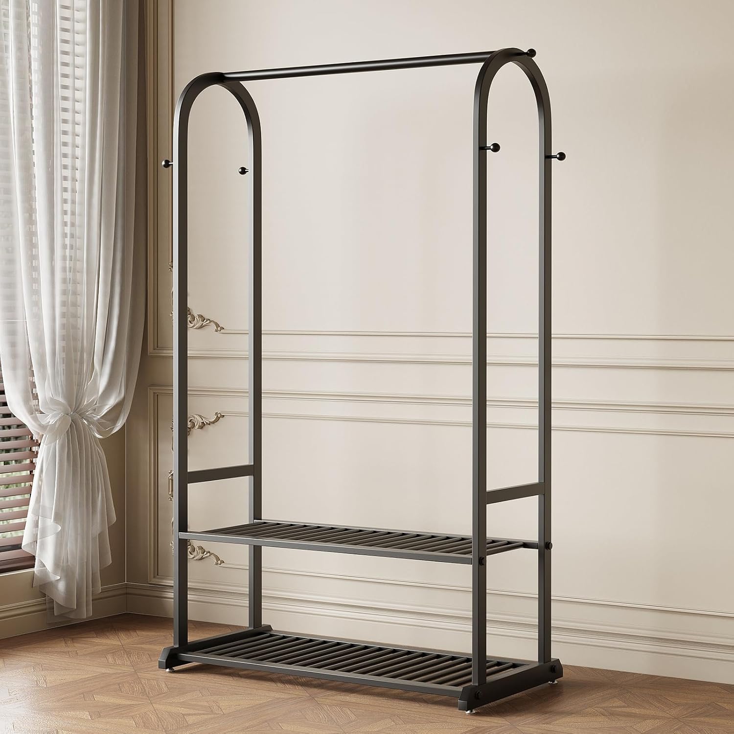 Black Metal Garment Rack with Bottom Shelf & 6 Hooks, Freestanding Clothing Rack for Bedroom/Closet - Image 5