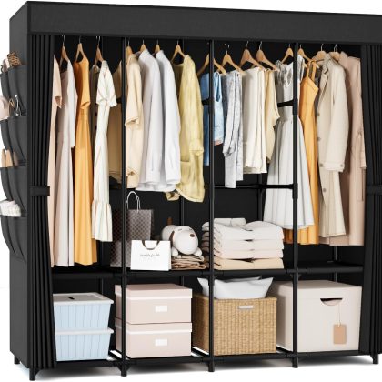 67 Inch Portable Wardrobe with Cover, 4 Hanging Rods & Side Pockets, Freestanding Storage Closet for Bedroom