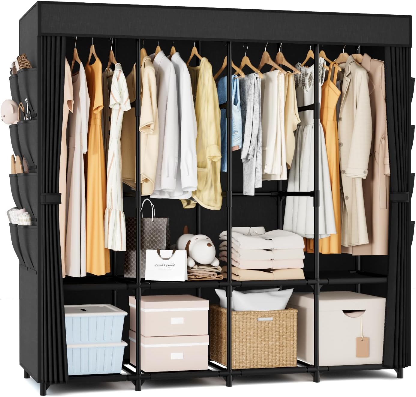 67 Inch Portable Wardrobe with Cover, 4 Hanging Rods & Side Pockets, Freestanding Storage Closet for Bedroom