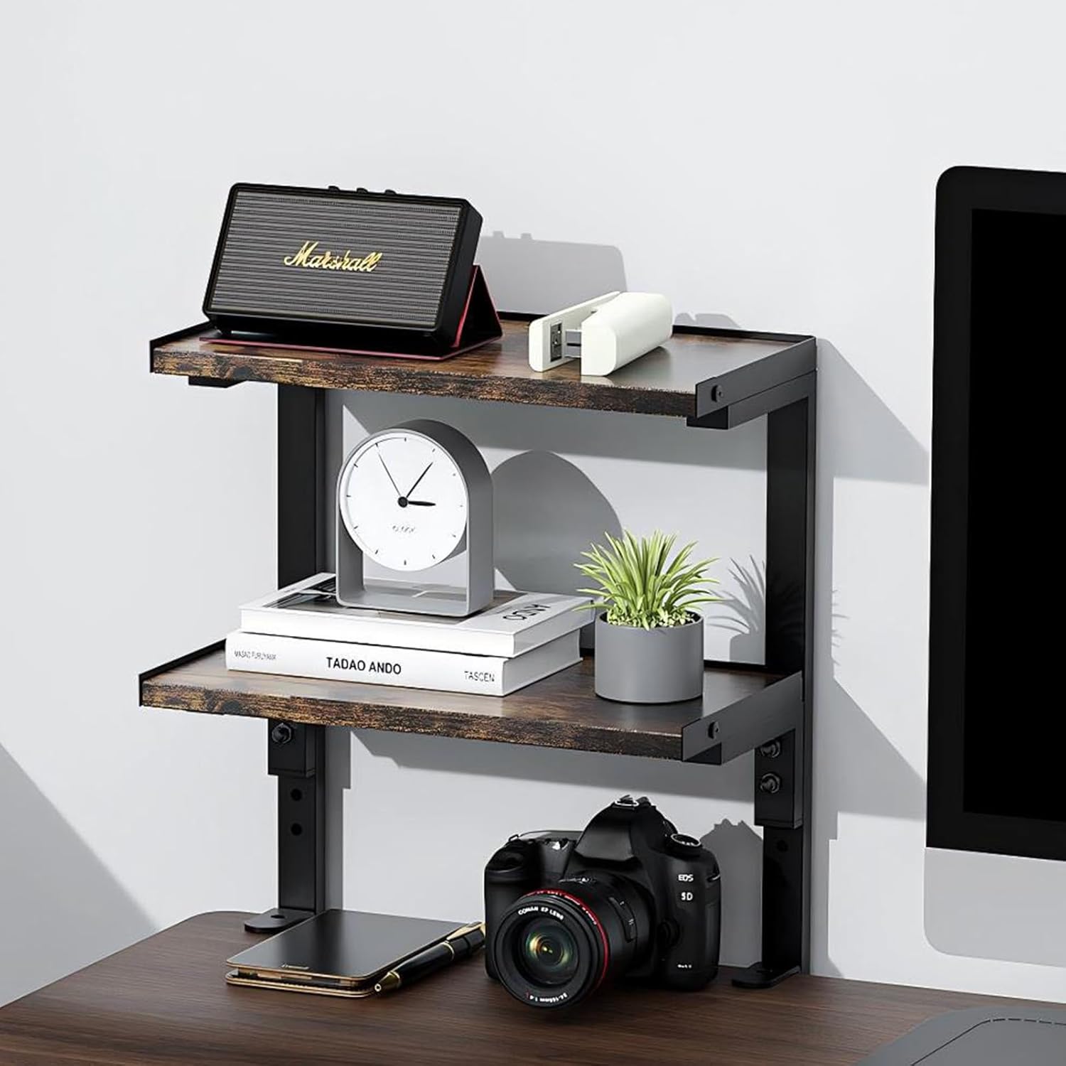 2-Tier Expandable Clamp-on Desk Shelf, Wooden Under Desk Storage Organizer