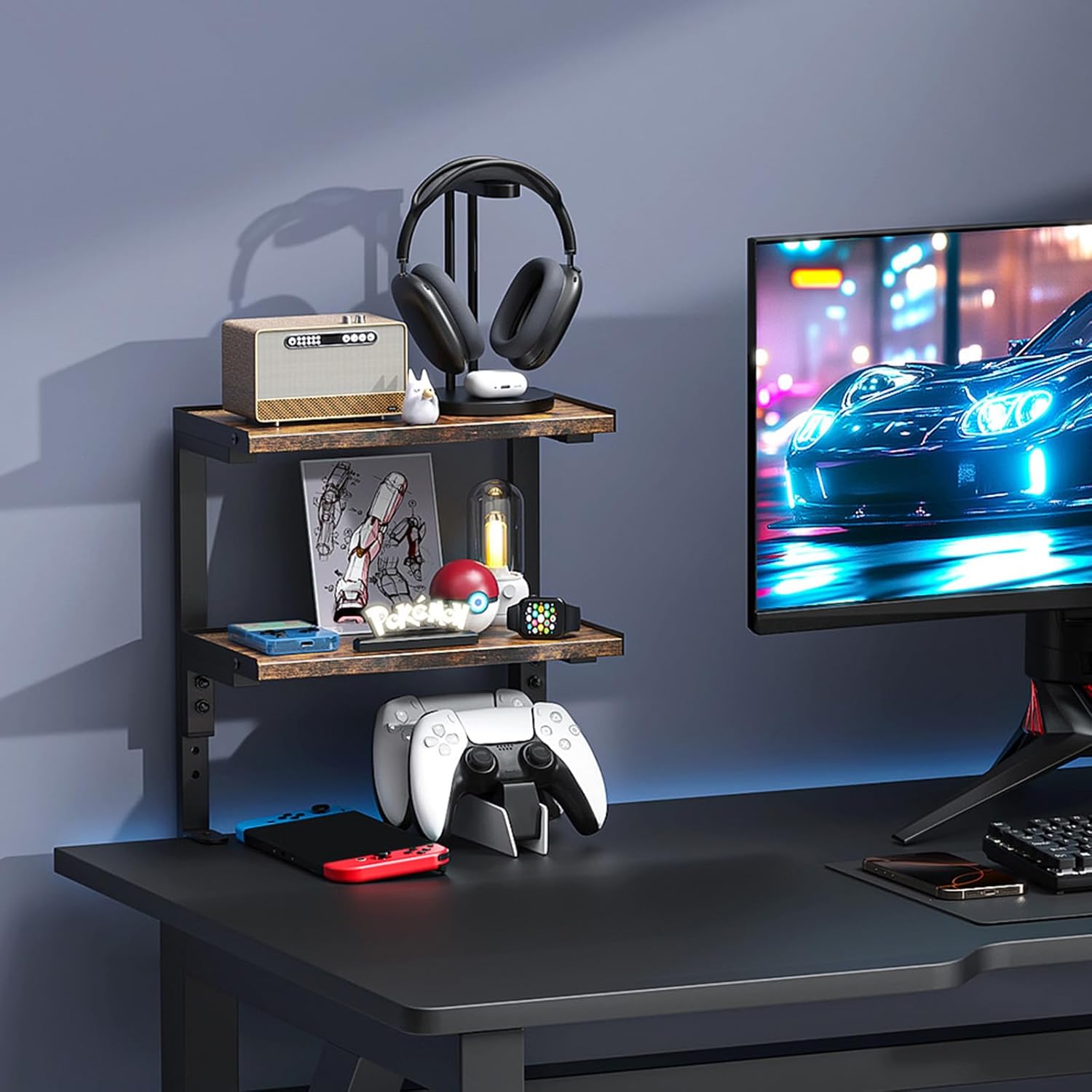 2-Tier Expandable Clamp-on Desk Shelf, Wooden Under Desk Storage Organizer - Image 3