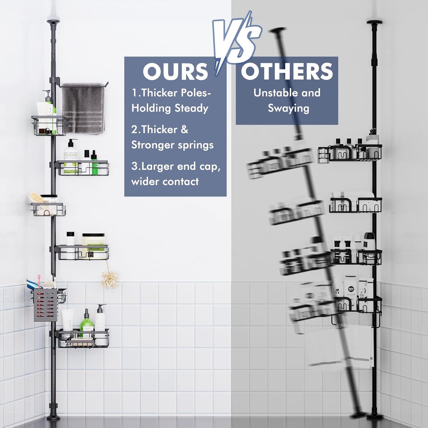 Adjustable Tension Shower Caddy, 6-Tier Rustproof Corner Shelf with Towel Bar & Soap Dish - Image 4