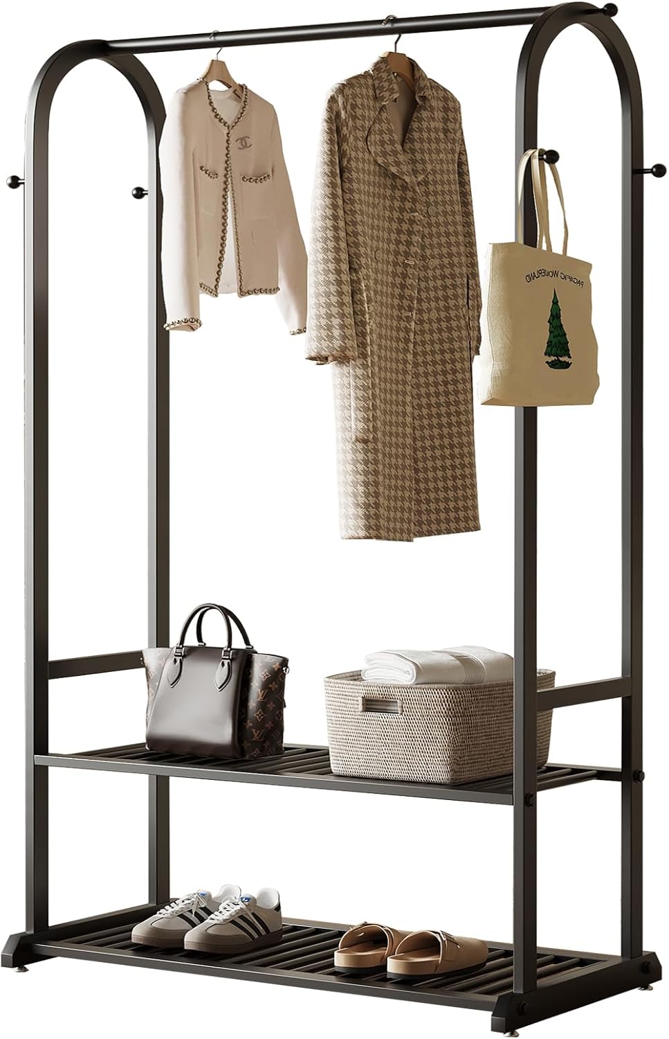 Black Metal Garment Rack with Bottom Shelf & 6 Hooks, Freestanding Clothing Rack for Bedroom/Closet - Image 8
