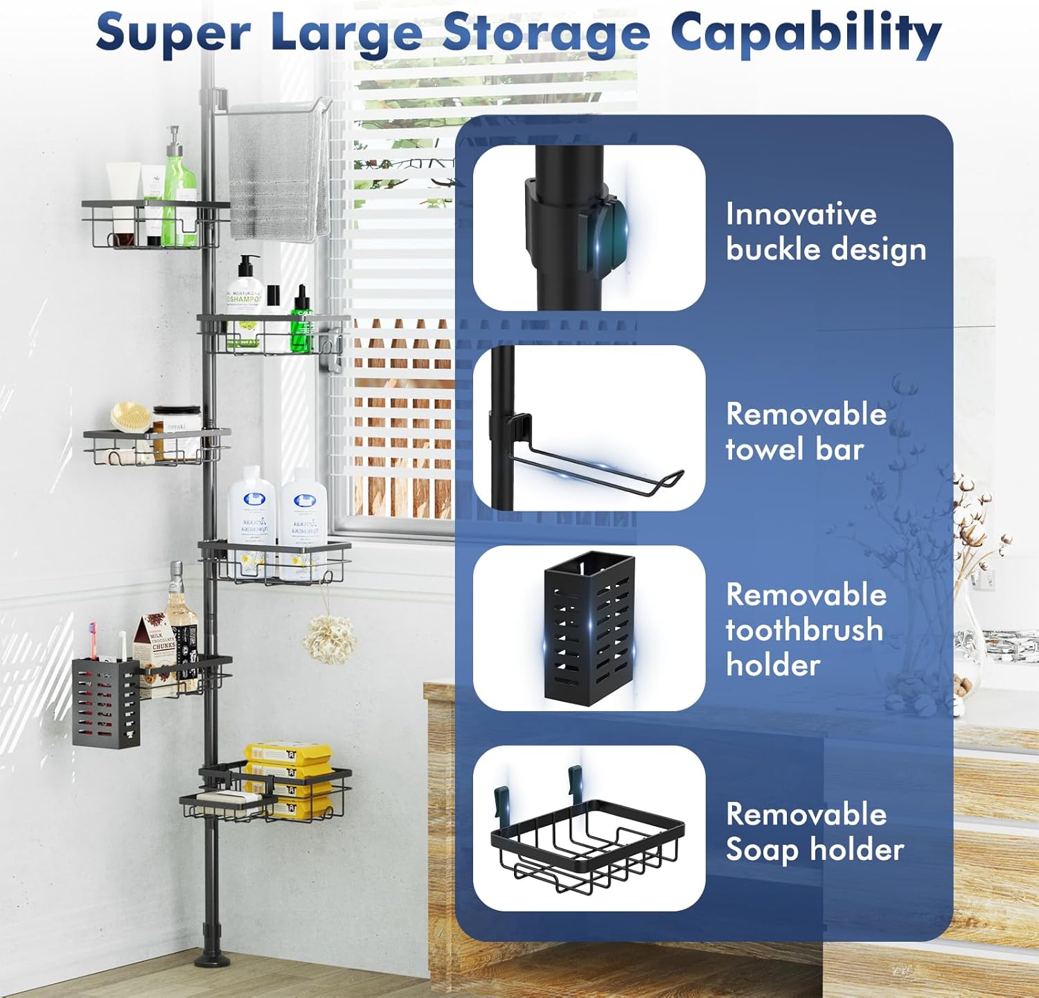 Adjustable Tension Shower Caddy, 6-Tier Rustproof Corner Shelf with Towel Bar & Soap Dish - Image 2