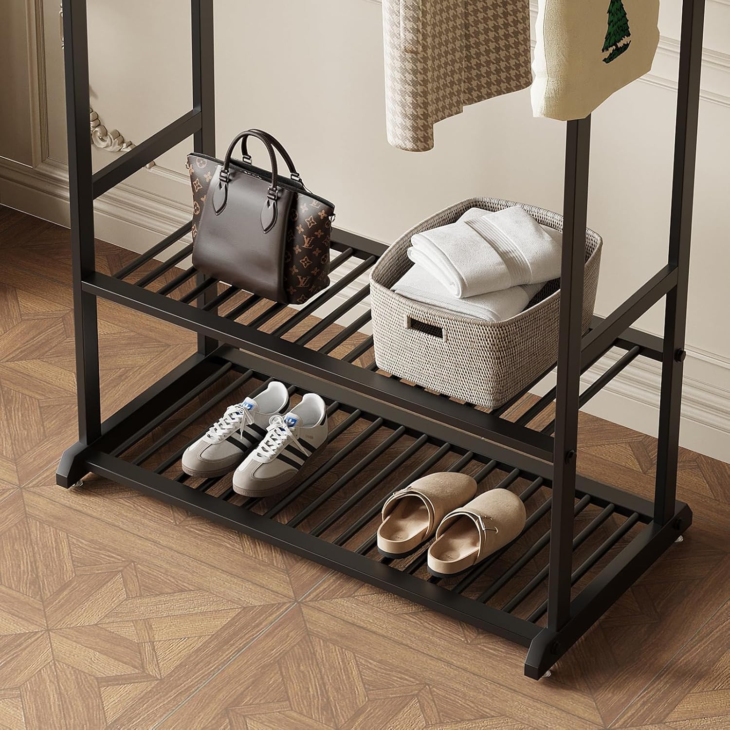 Black Metal Garment Rack with Bottom Shelf & 6 Hooks, Freestanding Clothing Rack for Bedroom/Closet - Image 4
