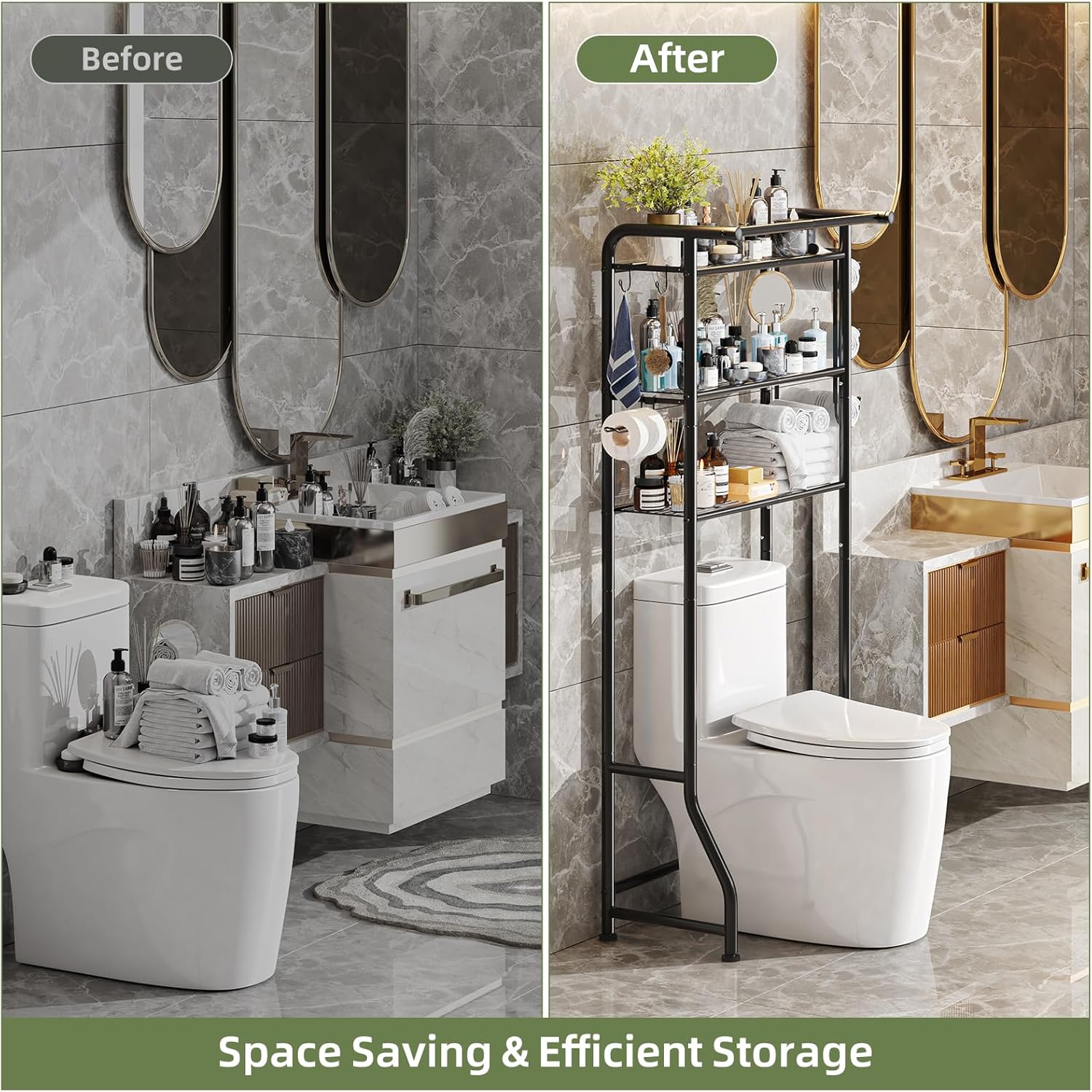 3-Tier Over Toilet Storage Shelf, Metal Bathroom Organizer with Hooks & Paper Holder - Image 5