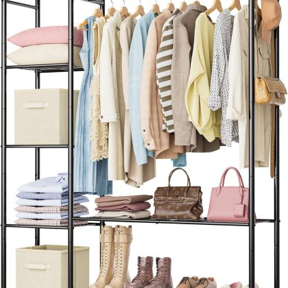 4-Tier Freestanding Wardrobe Rack, Steel Storage Organizer with Hanging Rod for Bedroom Entryway