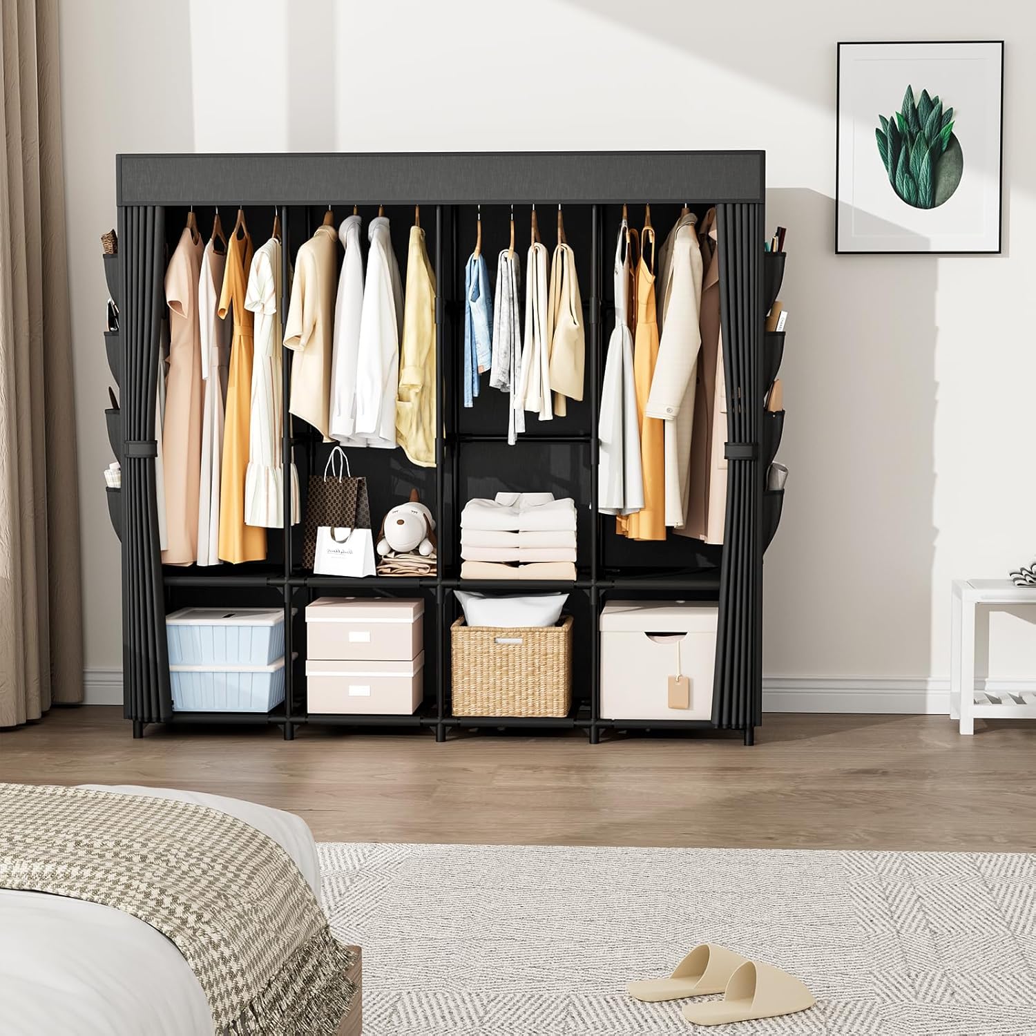 67 Inch Portable Wardrobe with Cover, 4 Hanging Rods & Side Pockets, Freestanding Storage Closet for Bedroom - Image 2