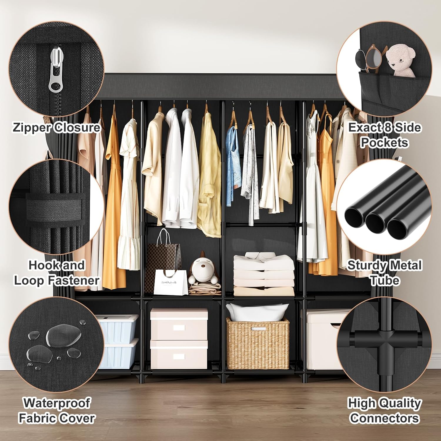 67 Inch Portable Wardrobe with Cover, 4 Hanging Rods & Side Pockets, Freestanding Storage Closet for Bedroom - Image 5