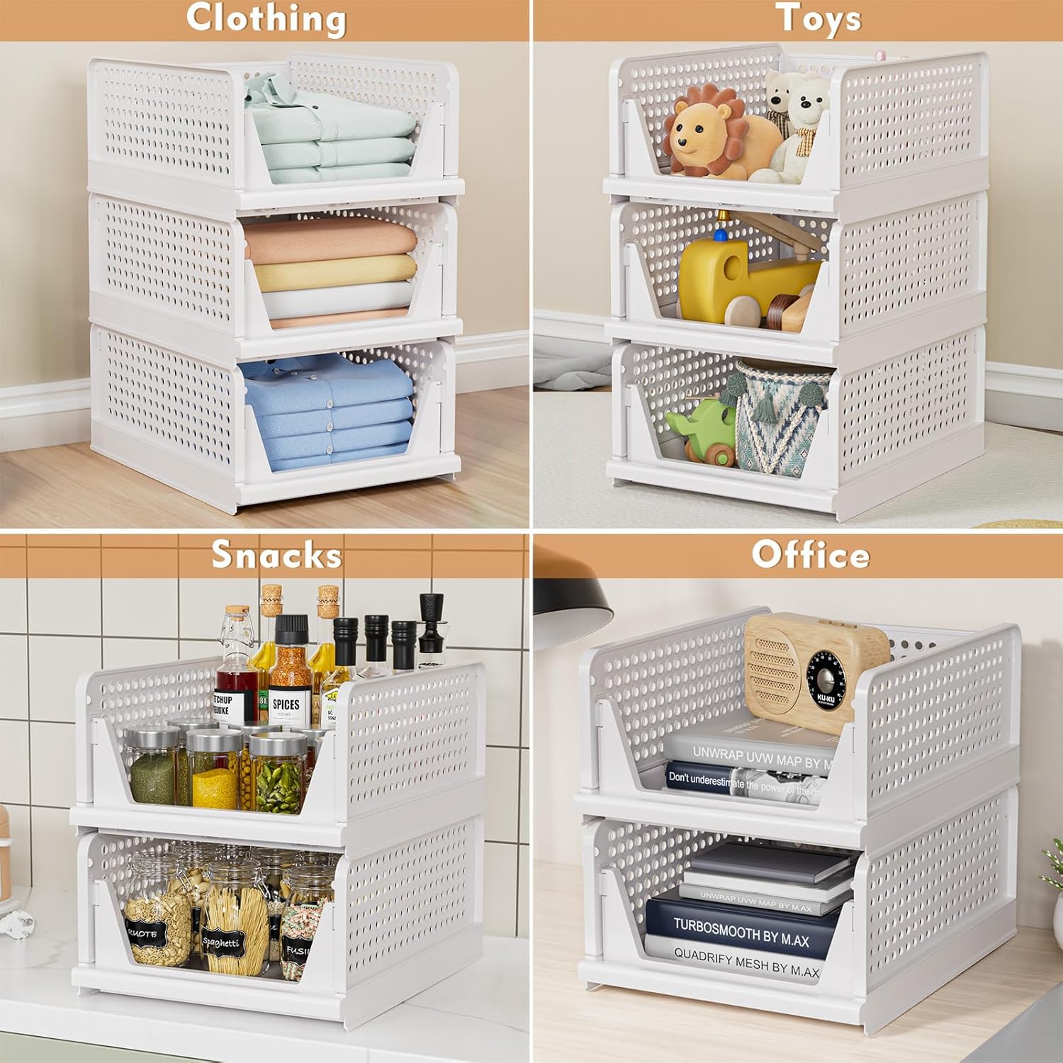 4 Pack Foldable Stackable Storage Baskets, Space-Saving Wardrobe Organizer for Clothes & Hats - Image 4