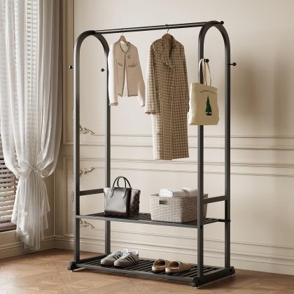 Black Metal Garment Rack with Bottom Shelf & 6 Hooks, Freestanding Clothing Rack for Bedroom/Closet