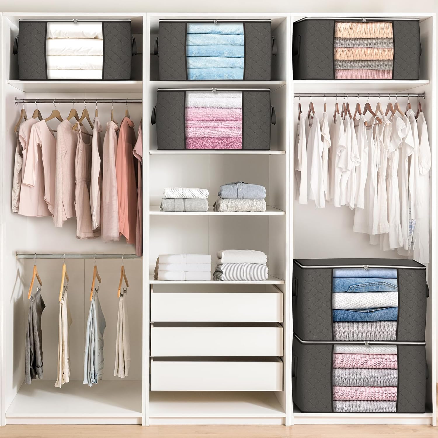 6 Pack 90L Foldable Storage Bags, Reinforced Handle Organizer for Clothes Bedding Toys - Image 2