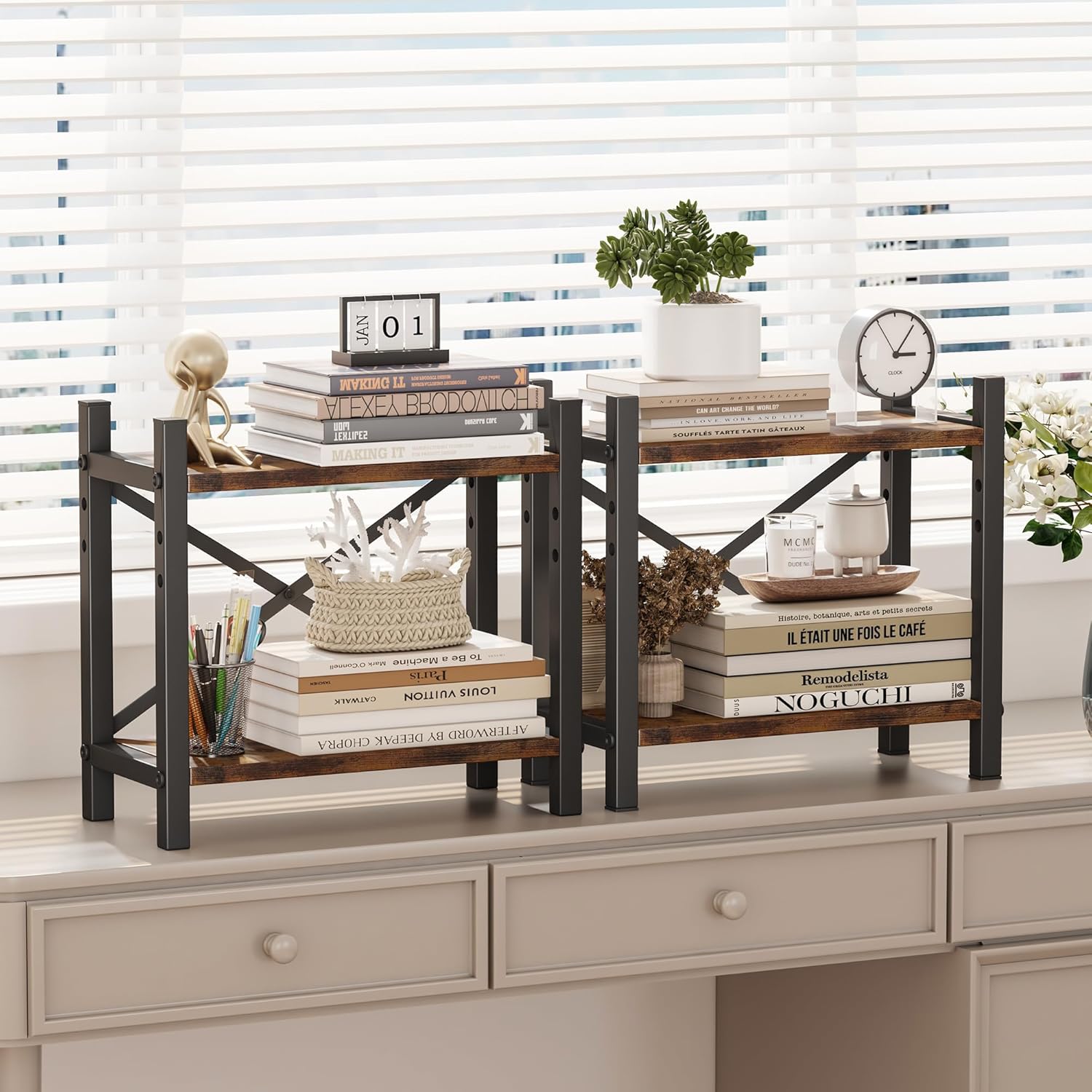 4-Tier Stackable Desktop Bookshelf, Adjustable Wooden Book Organizer - Image 4