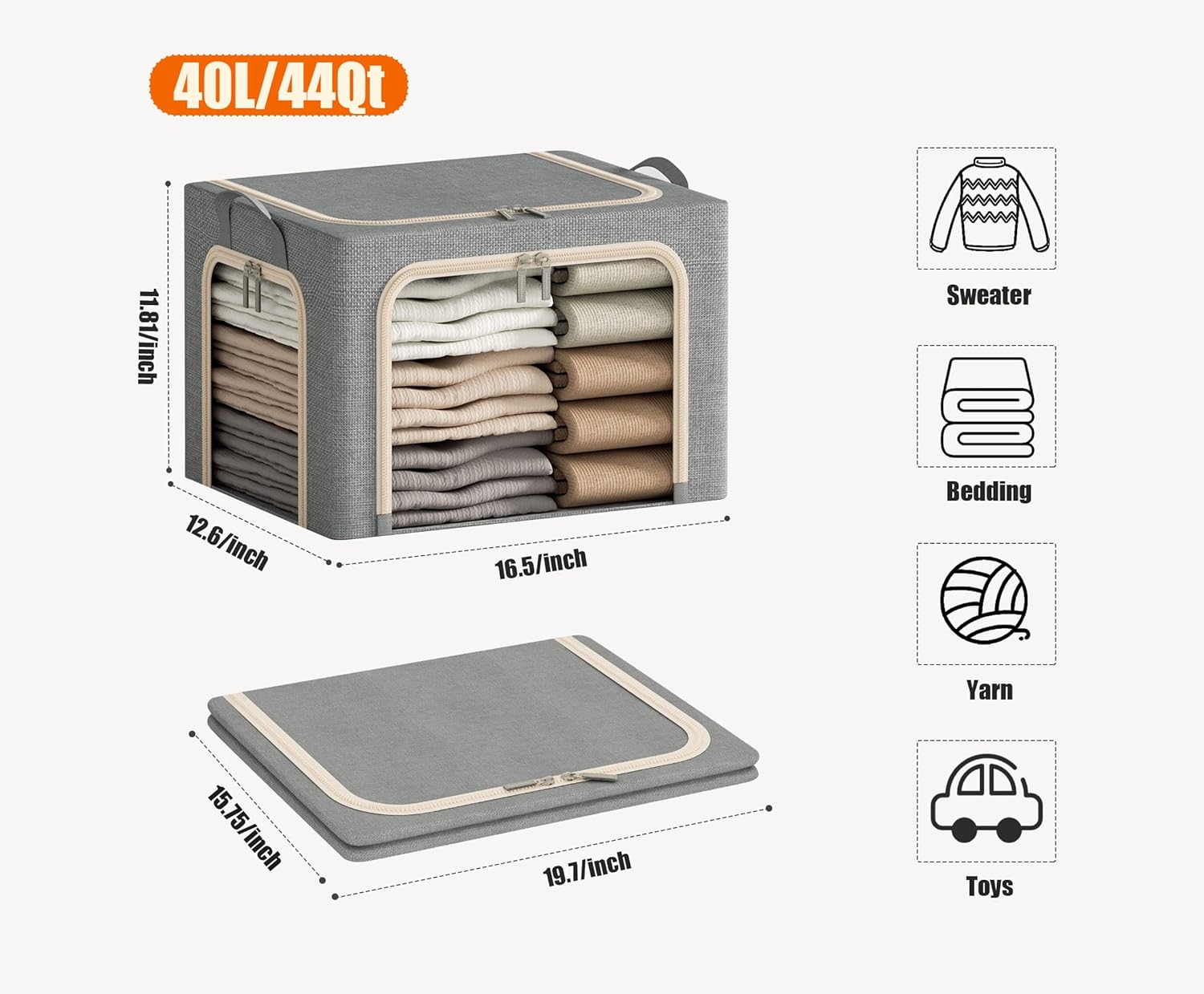 3Pcs 40L Foldable Storage Bins with Lid, Window & Zipper for Clothes Organizing - Image 6