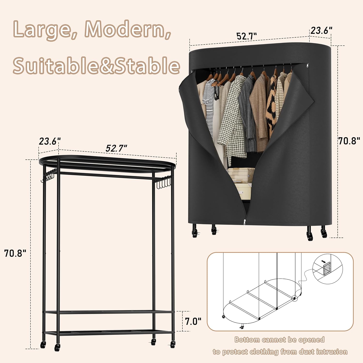 Portable Rolling Garment Rack with Cover, Wheeled Clothes Organizer with Side Hooks, 380LBS Load Capacity - Image 3