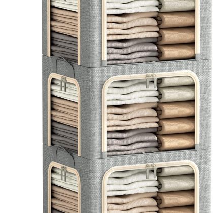 3Pcs 40L Foldable Storage Bins with Lid, Window & Zipper for Clothes Organizing