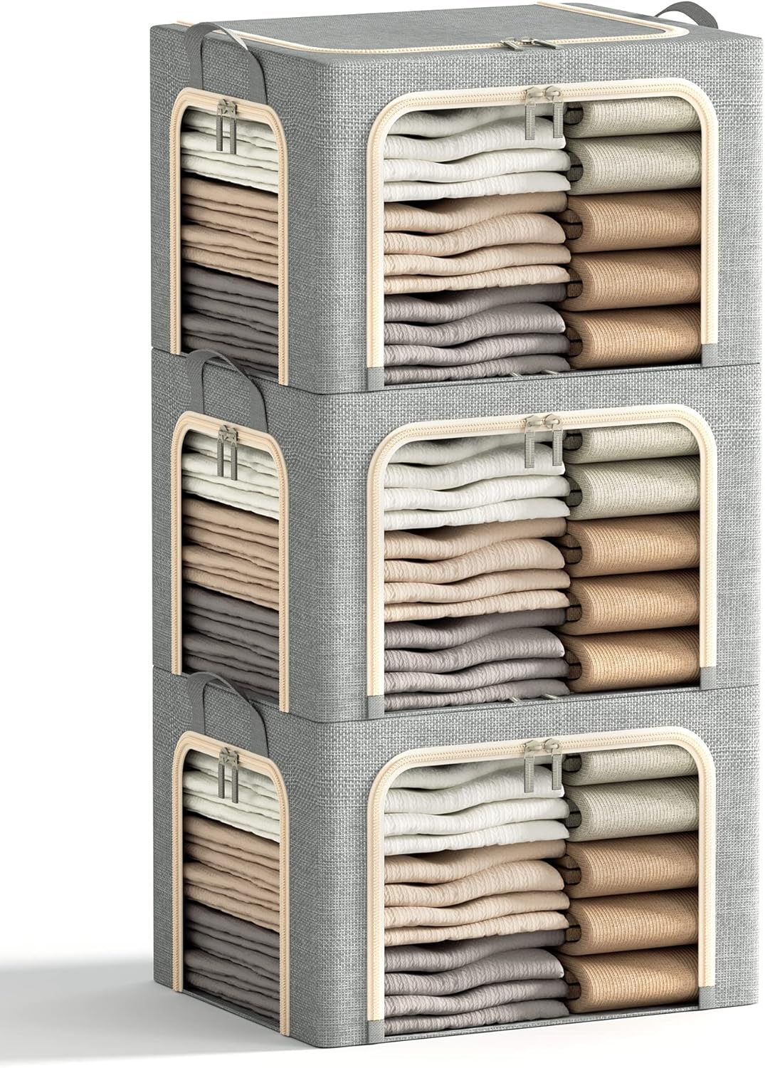 3Pcs 40L Foldable Storage Bins with Lid, Window & Zipper for Clothes Organizing