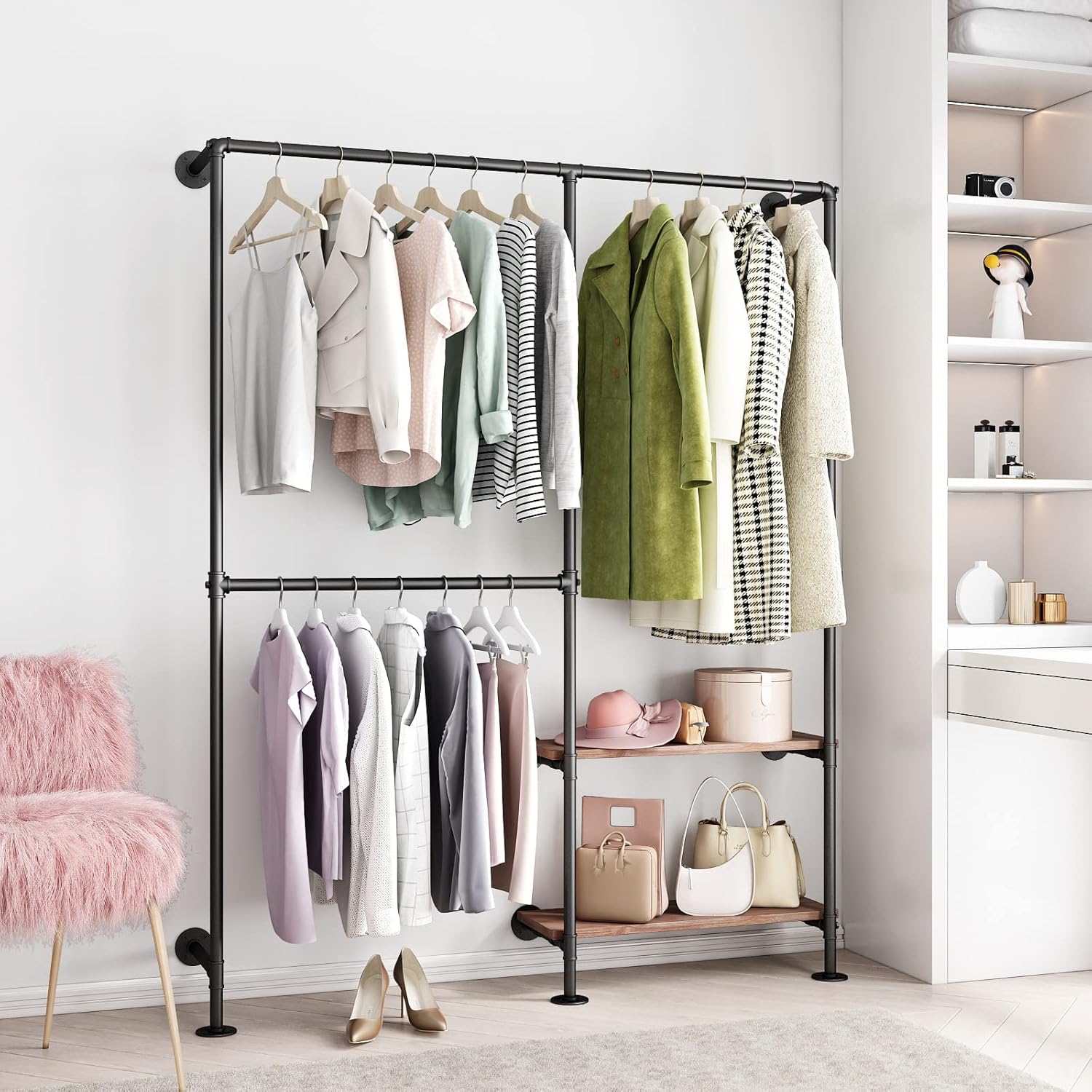 Industrial Pipe Wall Mounted Clothes Rack, Double Hanging Rod with Shelf for Closet & Bedroom Storage - Image 2