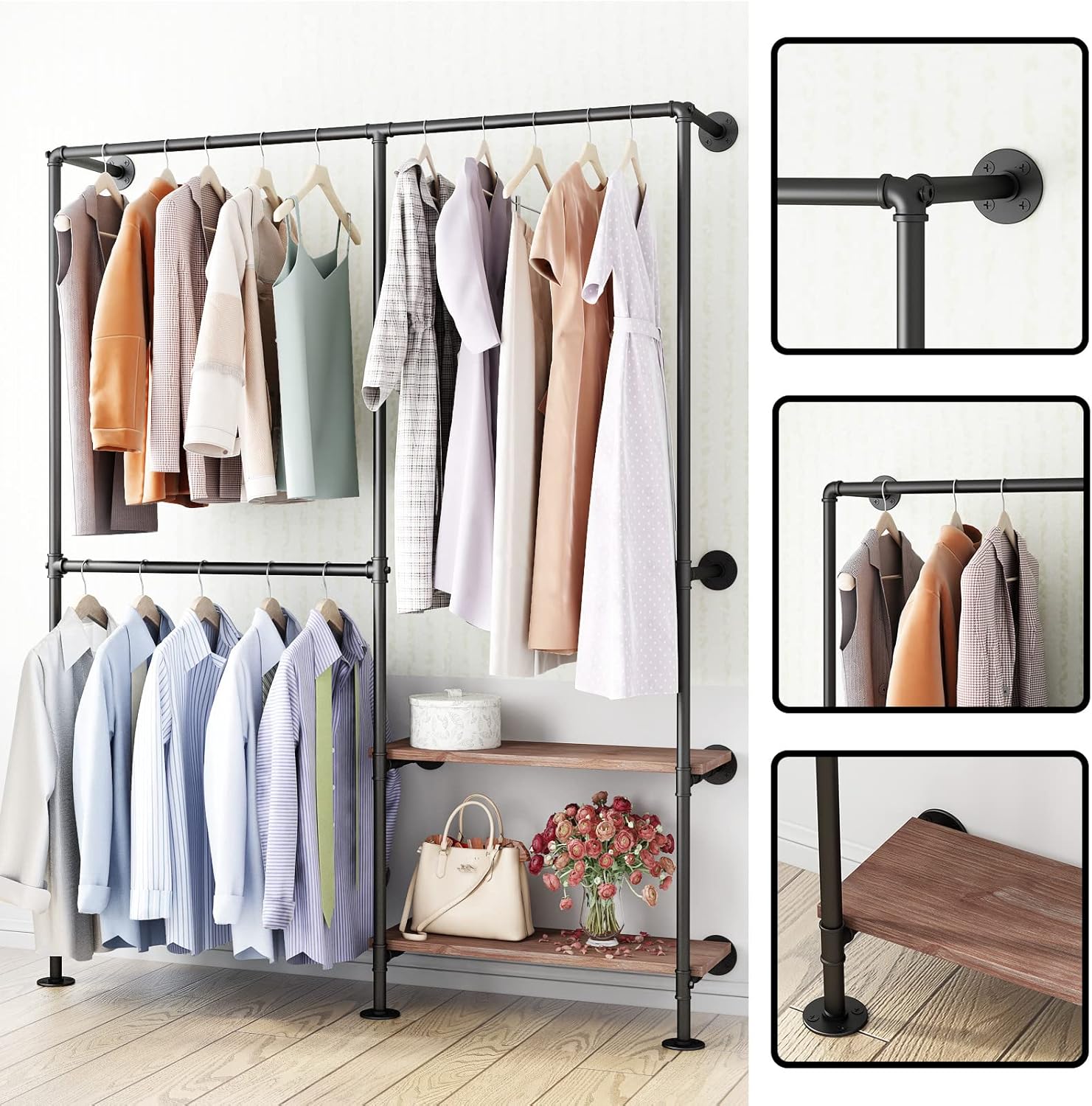Industrial Pipe Wall Mounted Clothes Rack, Double Hanging Rod with Shelf for Closet & Bedroom Storage - Image 5