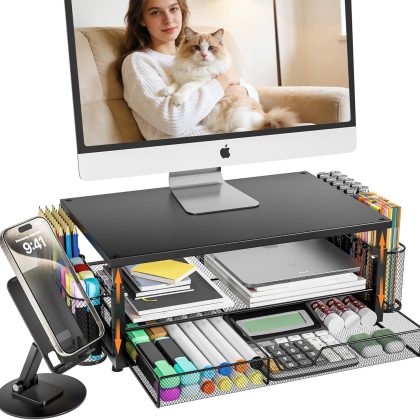 2-Tier Adjustable Monitor Stand Riser with Drawer, Pen & Phone Holder