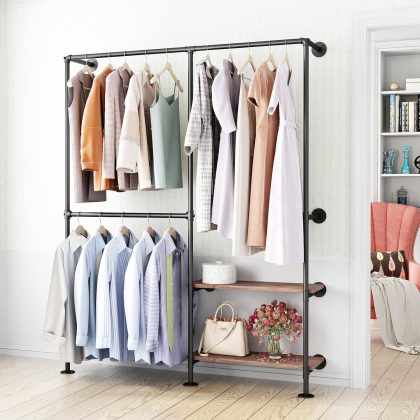 Industrial Pipe Wall Mounted Clothes Rack, Double Hanging Rod with Shelf for Closet & Bedroom Storage