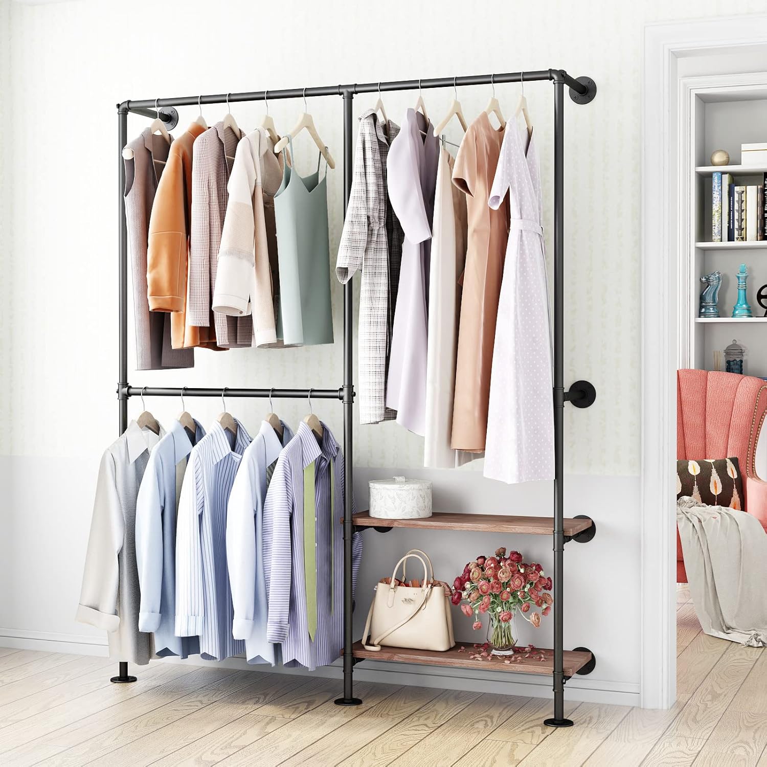 Industrial Pipe Wall Mounted Clothes Rack, Double Hanging Rod with Shelf for Closet & Bedroom Storage