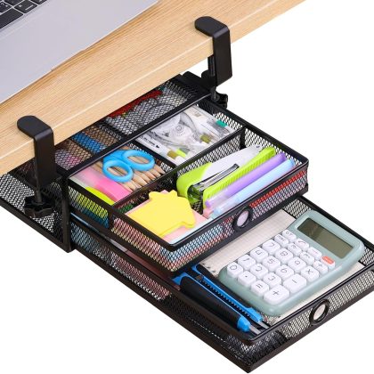 2-Tier Clamp-on Under Desk Mesh Organizer with Slide Tray, Tool-Free Install