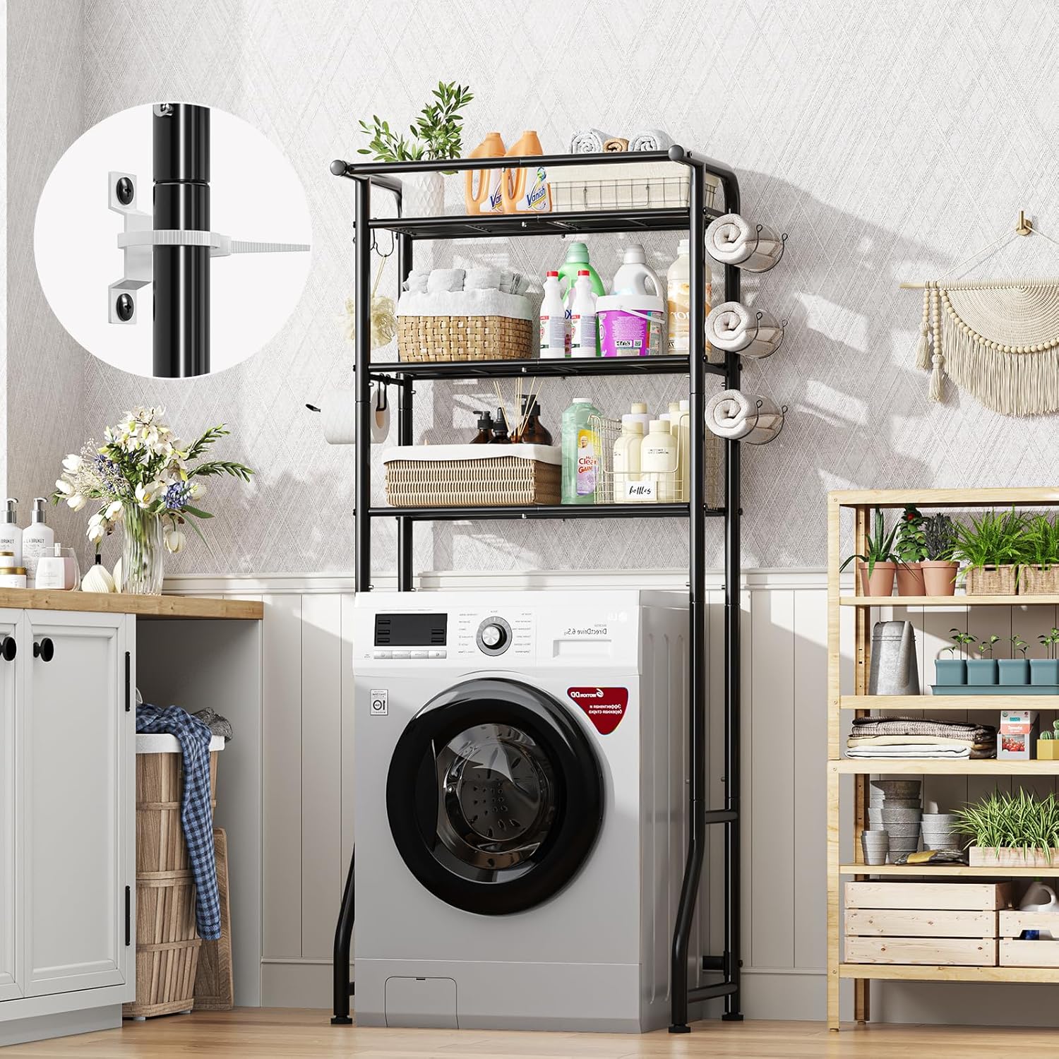 3-Tier Over Toilet Storage Shelf, Metal Bathroom Organizer with Hooks & Paper Holder - Image 6