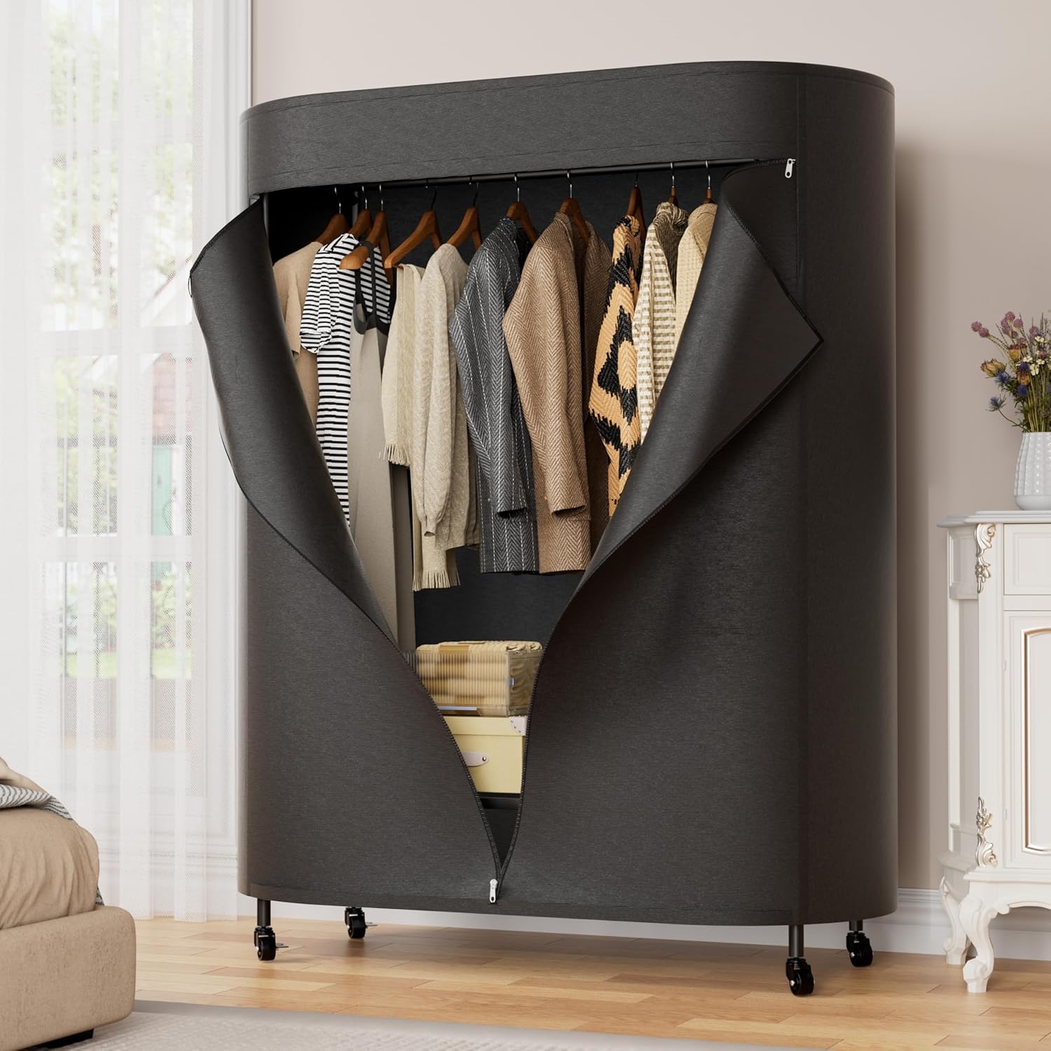 Portable Rolling Garment Rack with Cover, Wheeled Clothes Organizer with Side Hooks, 380LBS Load Capacity - Image 2