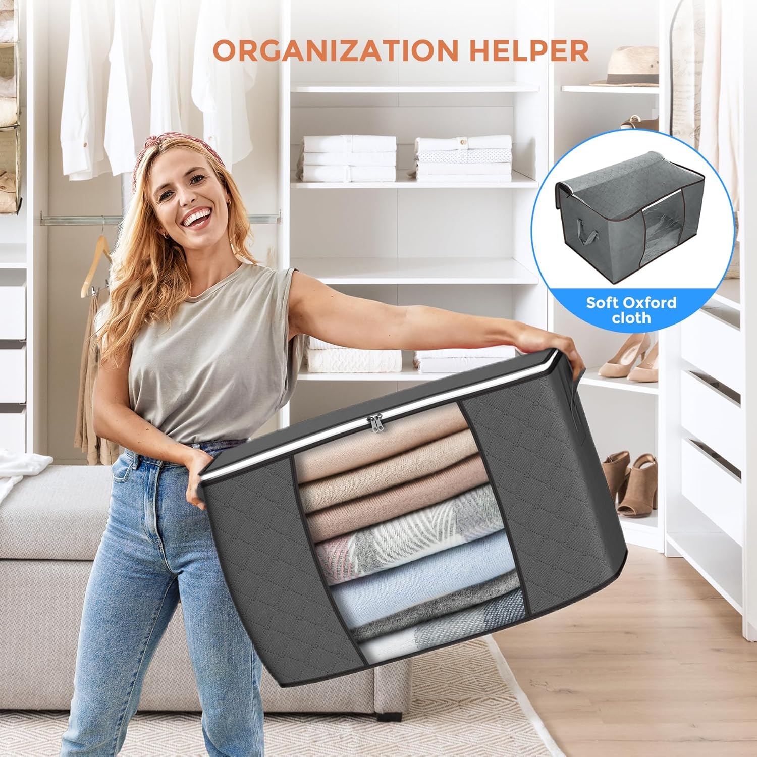 6 Pack 90L Foldable Storage Bags, Reinforced Handle Organizer for Clothes Bedding Toys - Image 3