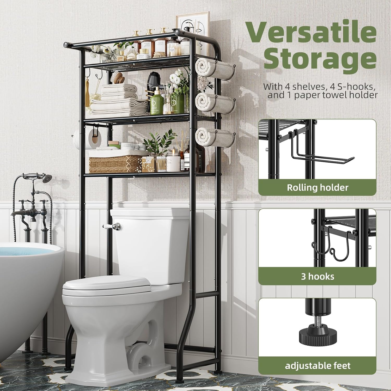 3-Tier Over Toilet Storage Shelf, Metal Bathroom Organizer with Hooks & Paper Holder - Image 4