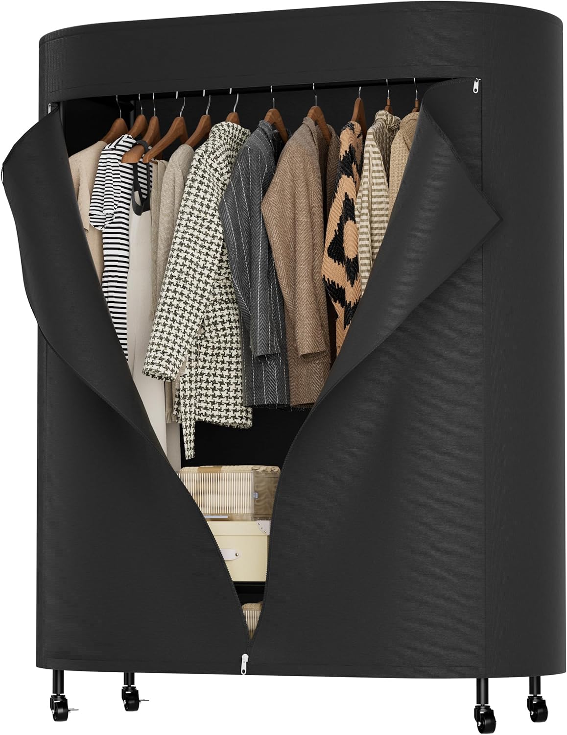 Portable Rolling Garment Rack with Cover, Wheeled Clothes Organizer with Side Hooks, 380LBS Load Capacity